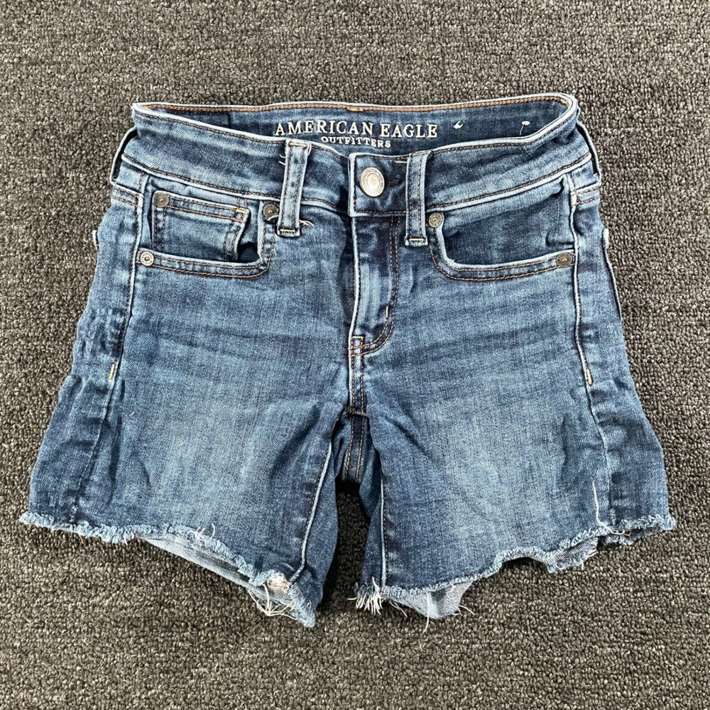 American Eagle Denim Shorts Womens 00 Blue Good Ne(x)t Level Stretch Raw Hem